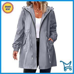 Plus Size Long Raincoat Lightweight Hooded Waterproof Windbreaker with Pockets